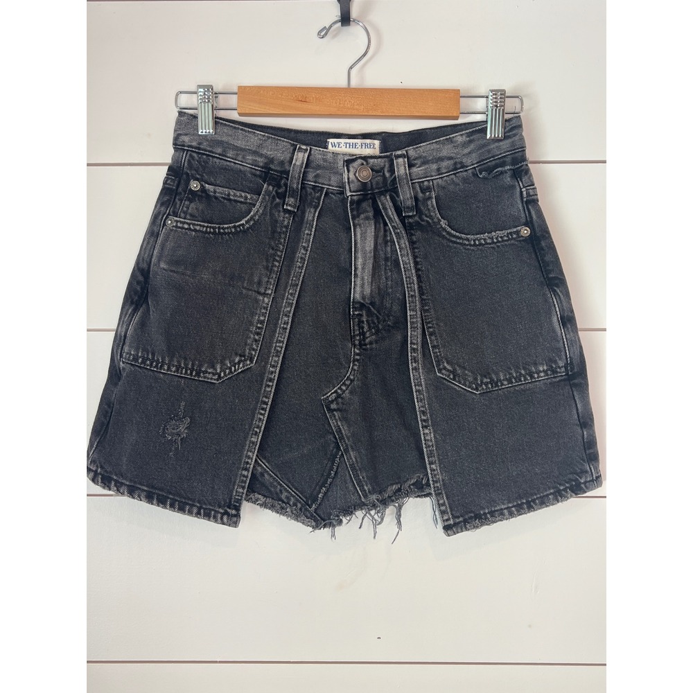 We The Free Free People Washed Black Denim Mini Skirt Deconstructed Frayed 25